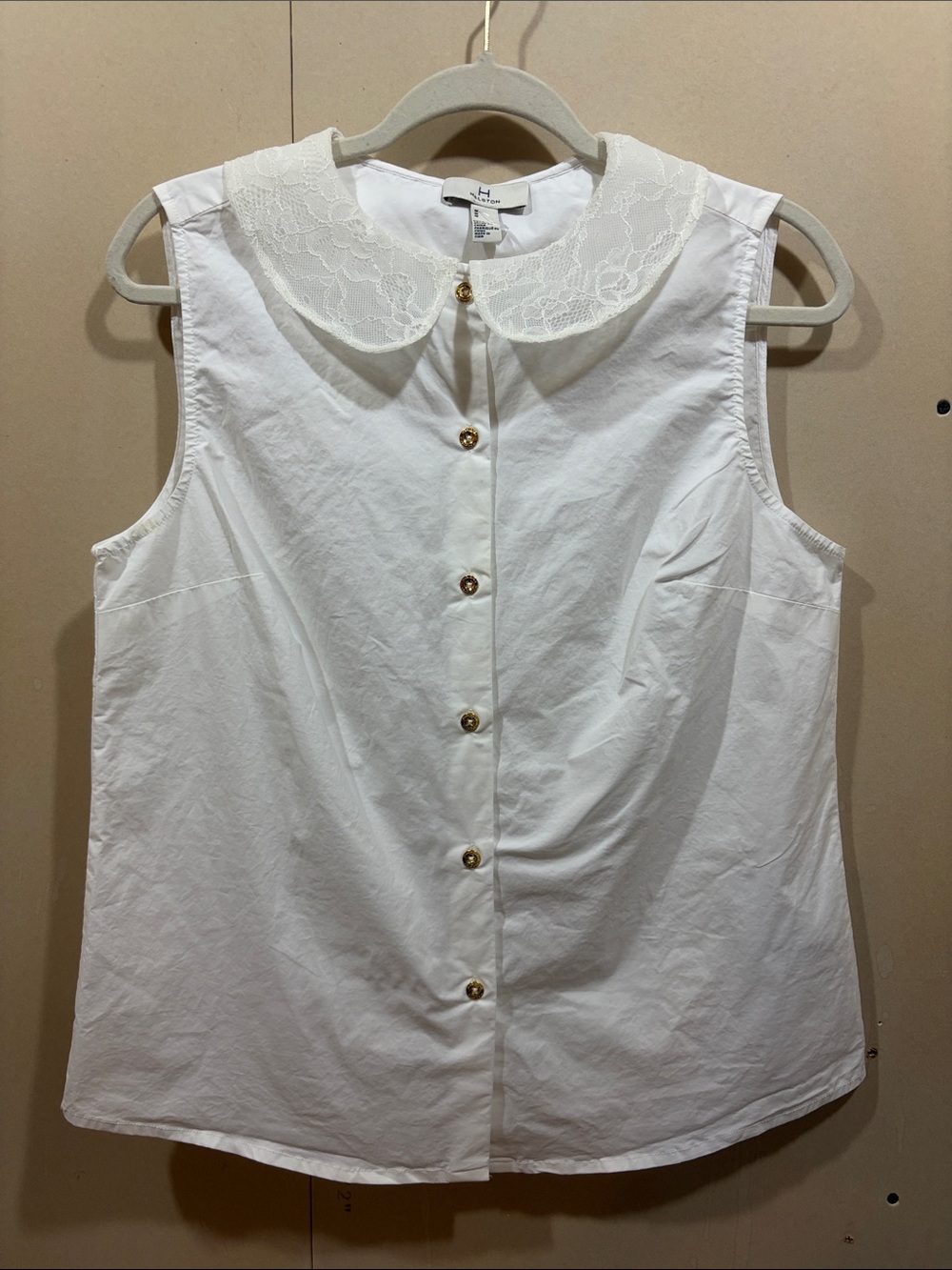 H By Halston White Lace Collar Button Up Sleeveless Blouse Size M